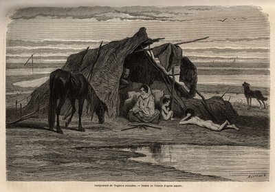 A camp of nomadic gypsies in the plains of northern Bosnia. Engraving to illustrate the memories of travel among the southern Slavs, by Georges Perrot, in 1868, published in Le tour du monde 1870-1871, edited by Edouard Charton, edition Hachette, Paris by Unknown artist