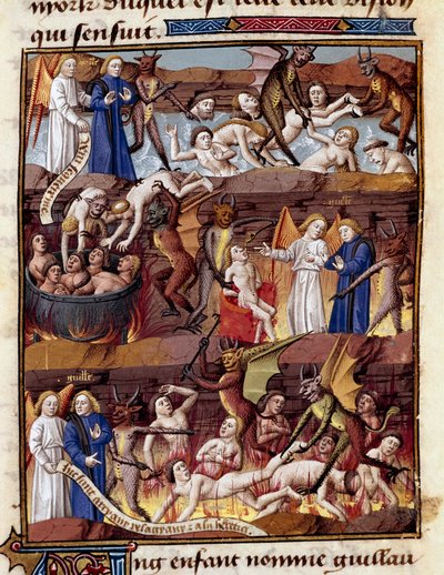 A child named Guillaume observes the torments of the damned in Hell by Unknown artist