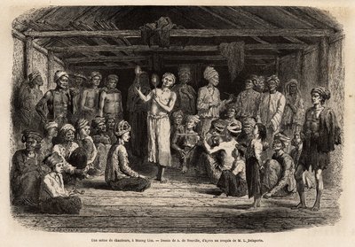 A concert of singers, a Muong Lim (Laos), vivid music and rhythm sung by a soloist and repeated in chorus during each chorus, all wear the traditional hairstyle of the Mou Tsu, who wear long hair, braids under their turban. Engraving to illustrate a voyage by Unknown artist