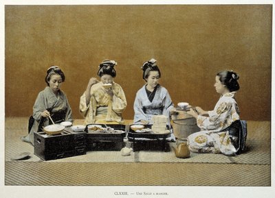 A dining room in Japan: women eating rice with chopsticks and one of them serving tea by Unknown artist