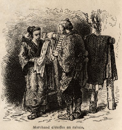 A discount cloth dealer makes the article to a young woman carrying her toddler on her back. Engraving to illustrate the journey to Japan, by Aime Humbert, minister of the Swiss Confederation, in 1863-1864, published in 