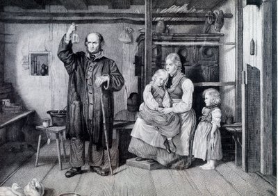 A Doctor Examining a Bottle, Probably a Urine Vial, During a Visit to a Mother and Her Two Children Living in Poverty by Unknown artist