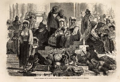 A group of peasants and shepherds gather for the celebration of Holy Week on the steps of St. Peter in the Vatican. Engraving to illustrate the story of the Holy Week in Rome, in 1863, by Ludovic Celler, in 