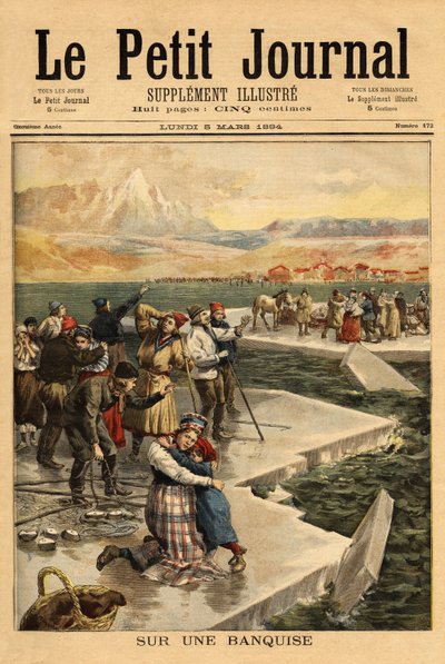 A huge block of ice breaks from the mainland at Helsingfors, taking over 500 people and 20 horses into the open sea. Engraving in Le petit journal 5/03/1894. Selva