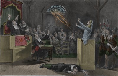 A lightning burns the chains of a witch during her trials in Salem by Unknown artist