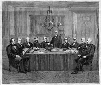 A meeting of the Council of Ministers in Versailles. From left to right: Louis Buffet, Minister of the Interior; Leon Say, Minister of Finance; Henri Wallon, Minister of Public Instruction, Worship and Fine Arts; Alfred  by Unknown artist