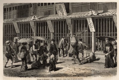 A pharmacy shop in Yedo (or Edo, present-day Tokyo), the pharmacist works with his help before the eyes of the public, protected by a wooden lacquer grid, in front of which the barges wait on the street to be served and then pay by passing the money throug by Unknown artist