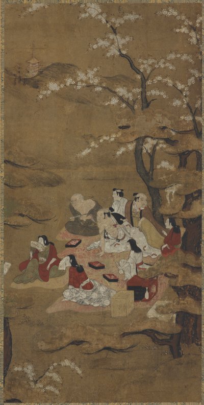 A Picnic Party: Eight People Seated Under Blossoming Trees by Unknown artist