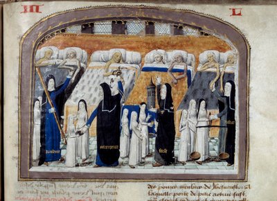 A room of the Hôtel-Dieu in Paris filled with sick persons assisted by the nuns. Miniature from a manuscript from 1482 by Unknown artist