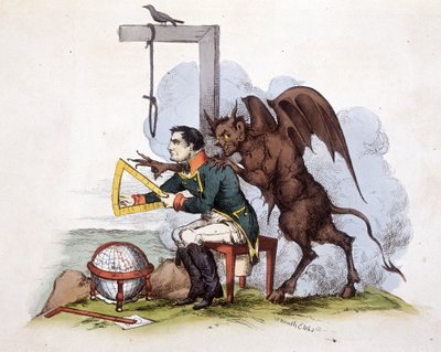 A scene on Elba Island: Napoleon in front of a gallows with the devil - in Napoleon 1st, caricatures, dummy collection, c. 1814 by Unknown artist