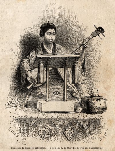 A singer of national legends, playing shamisen to accompany her song, sitting behind her desk. Engraving to illustrate the voyage to Japan, in 1863-1864, by Aime Humbert, minister of the Swiss Confederation, in 