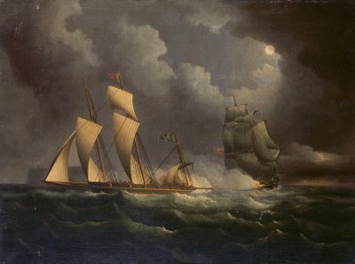 A smuggling lugger chased by a naval brig by Unknown artist