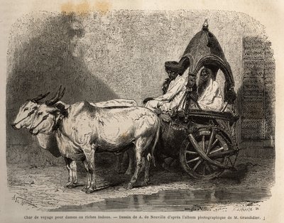 A travel tank fired by two white oxen, for ladies or Hindus wealthy. Engraving to illustrate the voyage in the meridional provinces of India, by Alfred Grandidier, in 1862-1864, published in le tour du monde, under the direction of Edouard Charton by Unknown artist