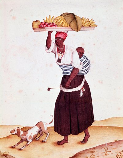 A traveling fruit merchant in Brazil, she carries her child behind her back by Unknown artist