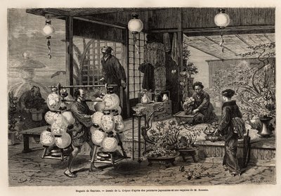 A Traveling Salesman of Painted Lantern Passes by a Florist Shop in Yedo (or Edo, Present-day Tokyo), Where a Woman Creates a Composition of Large Flowers, While Bonsai Size is Rather a Masculine Art. Engraving to Illustrate Japan, Travel Story by Aime Hum by Unknown artist