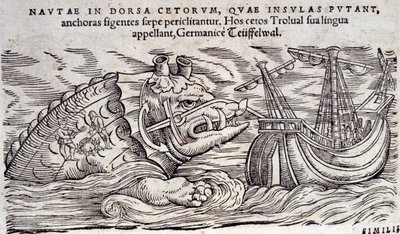 A whale confused with an island. Two people light a fire on the back of a marine monster. Engraving in 