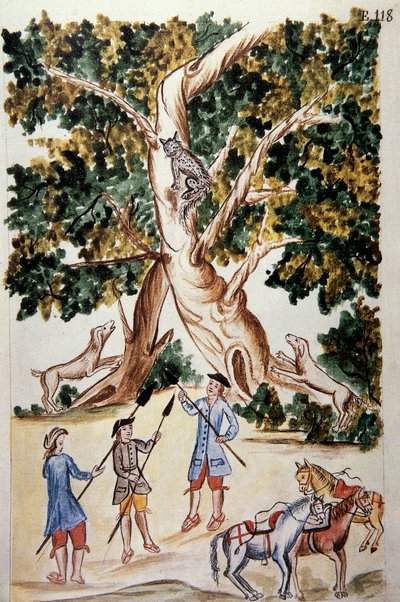 A Wild Cat Perches on a Tree, Hunters Await It, from the Book 