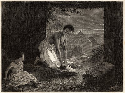 A woman grinding grain in a burner. Illustration for Dr. Livingstone