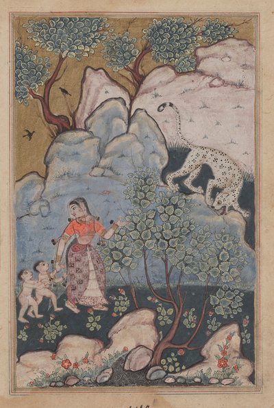 A woman with two children, having abandoned her home, goes into the forest where she encounters a leopard (Tales of a Parrot: Thirtieth Night) by Unknown artist