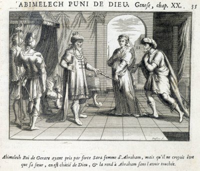 Abimelech gives Sarah to Abraham - Bible, engraving by Unknown artist