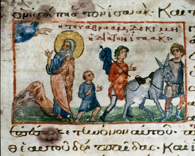 Abraham receives the order of God to go to Mount Moriah to sacrifice his son Isaac. Miniature from 