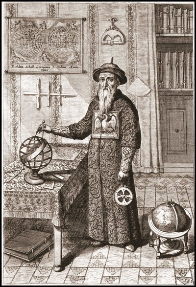 Adam Schall, Astronomer in Mandarin Costume, with Terrestrial and Celestial Globes and Astrolabe - in 