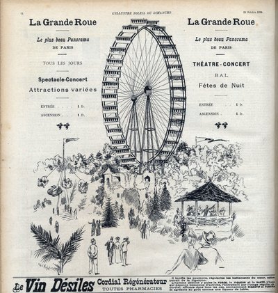 Advertising for the Ferris Wheel in Paris offering the most beautiful panorama of the city for 1 franc. Engraving in Le sun-du-dimanche by Unknown artist