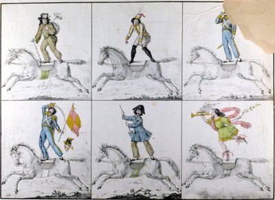 Aerobatic: Acrobatic exercises on horseback. Engraving by Unknown artist