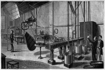 Aerostatic workshop of Tissandier Freres: Overview of a propeller with two helicoidal pallets operated by a Siemens dynamo electric machine and a battery of light potash bichromate batteries. Engraving from 1883. in 