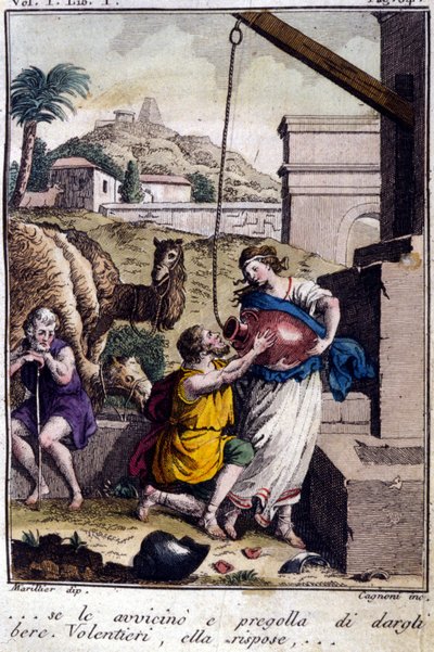 Agar at the well: I approach her and ask her to give a drink. She will answer... Engraving from the beginning of the 19th century. by Unknown artist