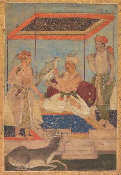 Akbar and Jahangir Examine a Ghir Falcon while Prince Khusrau Stands Behind by Unknown artist