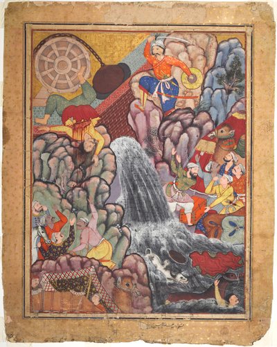 Alamshah cleaving asunder the chain of the wheel, from volume 11 of a Hamza-nama (Adventures of Hamza) by Unknown artist