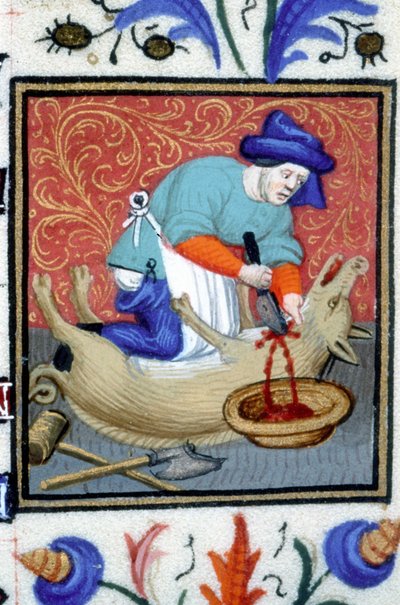 Allegorical representation of December. A butcher kills a pig. Miniature of a 14th century manuscript by Unknown artist