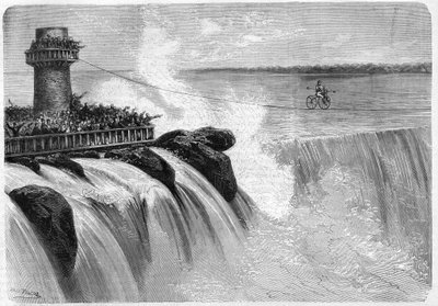 American Jenkins crossing Niagara Falls on a Velocipede in 1869. by Unknown artist
