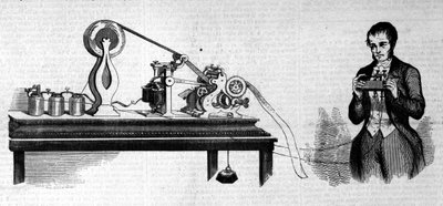 Samuel Finley Breese Morse next to his telegraph. Engraving of the 19th century by Unknown artist
