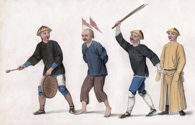 An indictment is taken to court. To attract public attention, red flags are fixed on his head and a man rings the gong. Engraving, in 