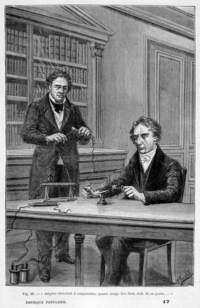 André Marie Ampère sought to understand when François Arago drew two keys from his pocket - in Physique populaire by Emile Desbeaux by Unknown artist