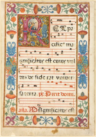 Angel Playing an Instrument in a Decorated Initial "R" with Flora, Fauna and Grotesque, from an Antiphonal by Unknown artist