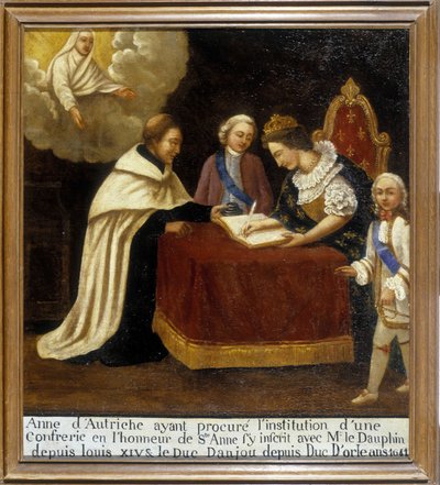Anne of Austria, having provided the institution of a brotherhood or the honour of Saint Anne, joined it with the dolphin and the Duke of Anjou (now Louis XIV and Duke of Orléans, dit Monsieur) by Unknown artist