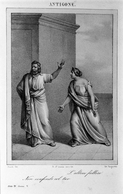 Antigone Act 4, scene 5. Italian tragedy by Vittorio Alfieri written in 1783 after Greek mythology. Engraving of the 18th century by Unknown artist