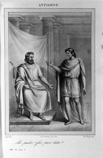 Antigone Act II, scene 1. Italian tragedy by Vittorio Alfieri written in 1783 after Greek mythology. Engraving of the 18th century by Unknown artist