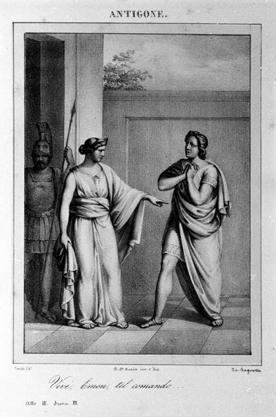 Antigone Act I, scene 3. Italian tragedy by Vittorio Alfieri written in 1783 after Greek mythology. Engraving of the 18th century by Unknown artist
