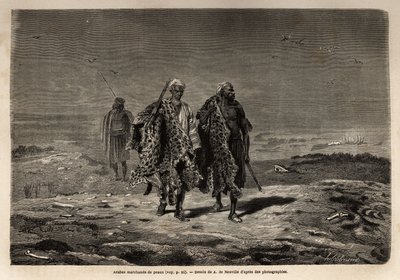 Arab bedouins, panther skins and sheep wool merchants, en route to the market of Baghdad (Iraq). Engraving to illustrate the voyage in Babylon, in 1866, by Guillaume Lejean, in 