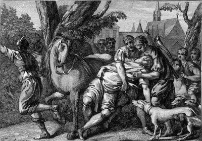 Assassination of Chilperic I (539-584), King of Neustria, sponsored by his wife, Queen Fredegonde (ca. 545-597), 584. Engraving of the 18th century by Unknown artist