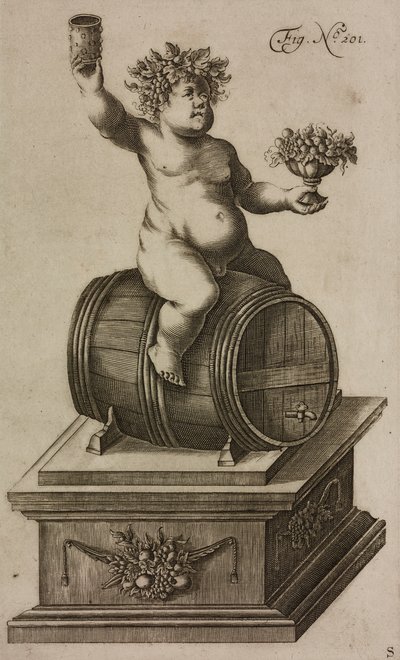 Bacchus on Barrel, Mannequin to Launch Fireworks, Engraving from Grand Art of Artillery by Casimir Siemienowicz by Unknown artist