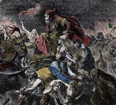 Battle of the Catalaunian Fields, where the Romans, the Franks and Visigoths reunited put the Huns of Attila and the Ostrogoths near Troyes, Dawn - Barbarian Invasions by Unknown artist