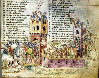 Battle scene in a castle fort. Miniature of the Roman de Troy by Benoit de Sainte Moure by Unknown artist