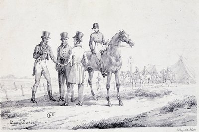 Bet on the edge of the racefield with a jockey on horseback - lithography, early 19th century by Unknown artist