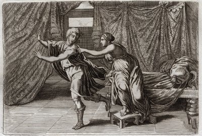 Bible of Royaumont, Old Testament: Chastity of Joseph. Joseph solicited by the wife of Potiphar, and put in prison. Illustration from 1811 by Unknown artist