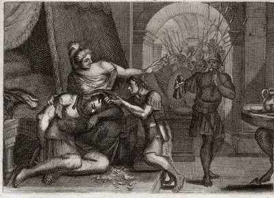 Bible of Royaumont, Old Testament: Death of Samson. Samson reveals to Delilah that his strength was in his hair. She cuts his hair and brings the Philistine soldiers into the room. Illustration from 1811 by Unknown artist